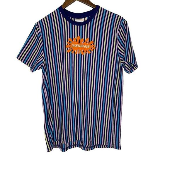 Nickelodeon Multicolored Striped Embroidered Logo Round Neck Shirt Size M Men's - Picture 1 of 7
